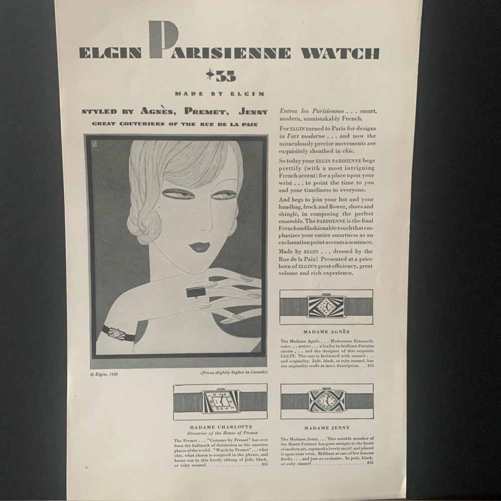 Vintage 1928 Elgin Watch Parisienne Ad Advertisement